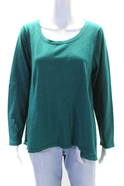 Eileen Fisher Womens Long Sleeve High Low Scoop Neck Sweater Green Wool Large