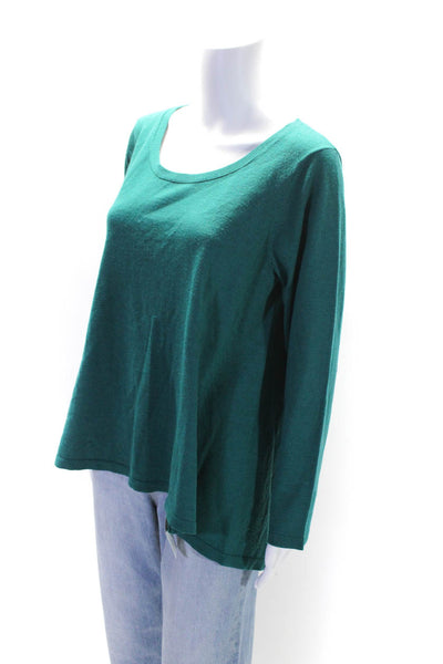 Eileen Fisher Womens Long Sleeve High Low Scoop Neck Sweater Green Wool Large