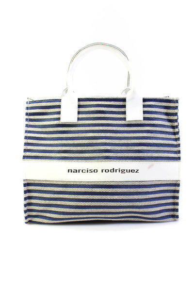 Narciso Rodriguez Womens Two Handle Canvas Striped Logo Tote Handbag Blue White