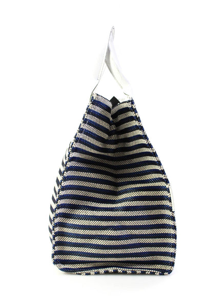 Narciso Rodriguez Womens Two Handle Canvas Striped Logo Tote Handbag Blue White