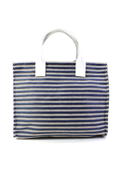 Narciso Rodriguez Womens Two Handle Canvas Striped Logo Tote Handbag Blue White