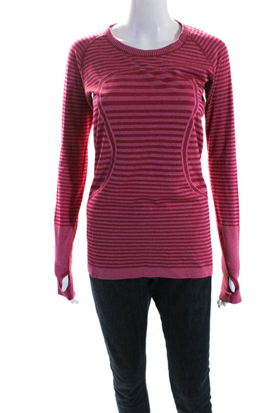 Lululemon Womens Red Striped Crew Neck Thumbhole Long Sleeve Active Top Size 8