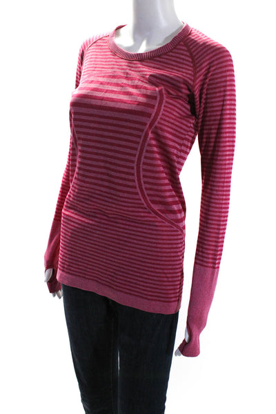 Lululemon Womens Red Striped Crew Neck Thumbhole Long Sleeve Active Top Size 8