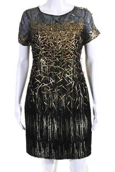 Carolina Herrera Womens Tweed Jeweled Short Sleeves Dress Black Gold Size 6