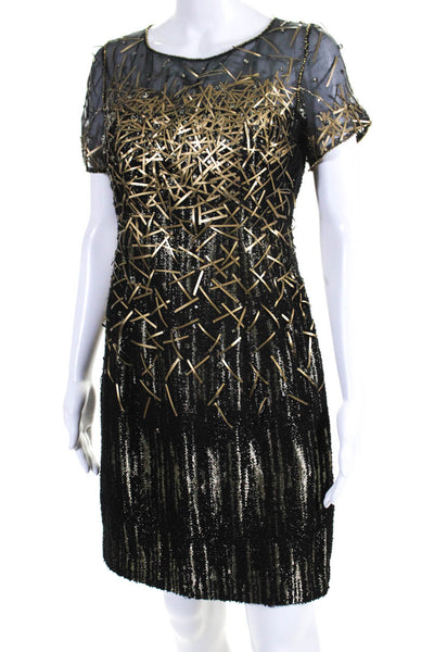 Carolina Herrera Womens Tweed Jeweled Short Sleeves Dress Black Gold Size 6