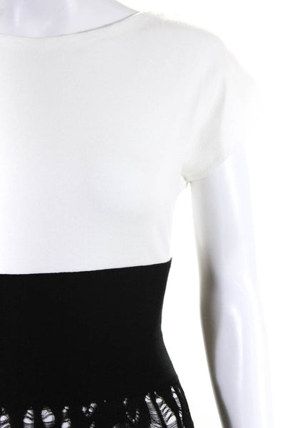 Chanel Womens Short Sleeves Sweater Dress White Black Cotton Blend Size EUR 38