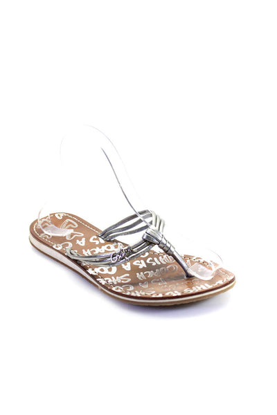 Coach Womens Leather Strappy Thong Slide On Sandals Platinum Silver Size 8