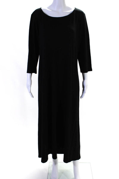 Eileen Fisher Womens 3/4 Sleeve Scoop Neck Midi Dress Black Wool Size XL