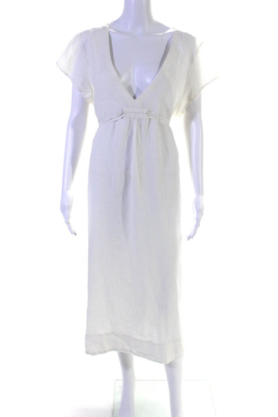 Eileen Fisher Womens Short Sleeve V Neck Midi Linen Dress White Size Extra Large