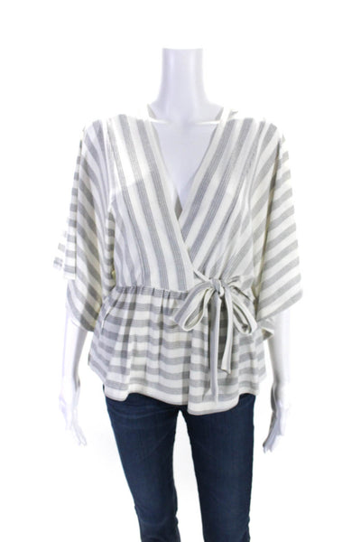 Club Monaco Womens Short Sleeve V Neck Striped Draped Top White Black Size XS