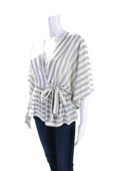 Club Monaco Womens Short Sleeve V Neck Striped Draped Top White Black Size XS