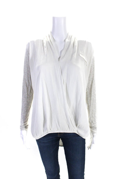 Dolan Womens Long Sleeve V Neck Draped Shirt Top White Gray Size Small