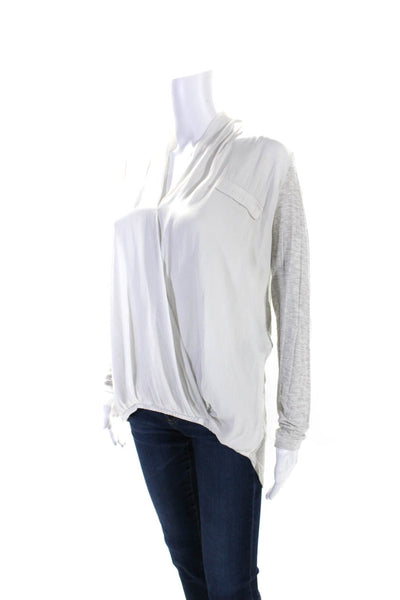 Dolan Womens Long Sleeve V Neck Draped Shirt Top White Gray Size Small