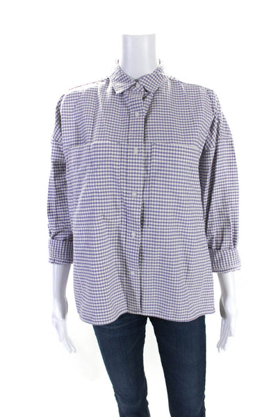 Everlane Womens Button Front Long Sleeve Collared Plaid Shirt Purple White Small