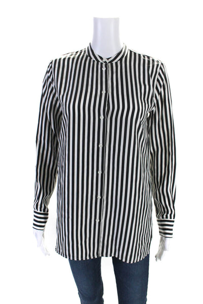 Everlane Womens Button Front Collarless Striped Silk Shirt White Black Size 0