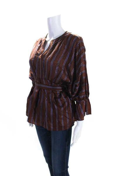 Ne Quittez Pas Womens 3/4 Sleeve V Neck Striped Silk Top Brown Blue Size Medium