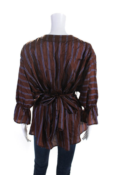 Ne Quittez Pas Womens 3/4 Sleeve V Neck Striped Silk Top Brown Blue Size Medium