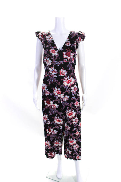 Club Monaco Womens Back Zip Sleeveless Ruffled Floral Jumpsuit Black Size 2