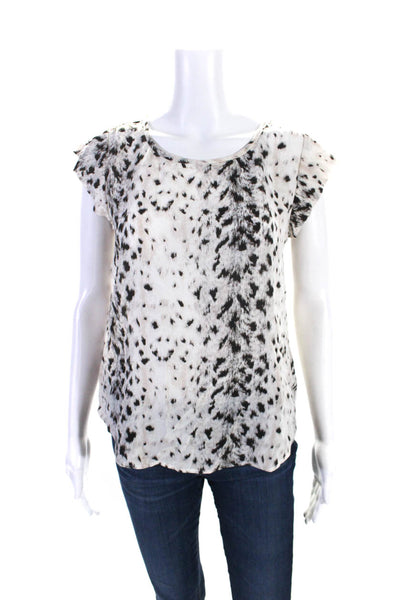 Joie Womens Short Sleeve Scoop Neck Animal Printed Silk Top White Black Size XS