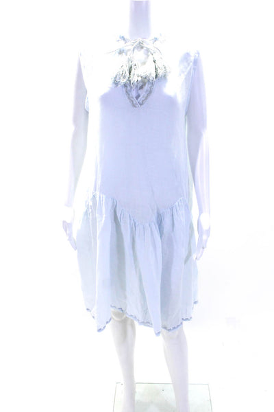 Johnny Was Womens Embroidered V Neck Flare Shift Dress Blue Linen Size Small