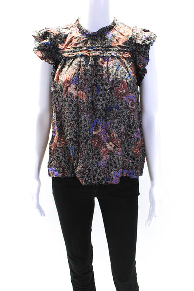 Ulla Johnson Womens Abstract Flutter Sleeve Top Blouse Black Brown Purple Size 6