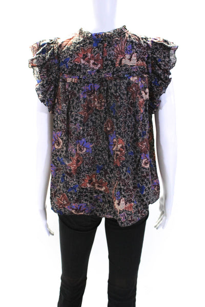 Ulla Johnson Womens Abstract Flutter Sleeve Top Blouse Black Brown Purple Size 6