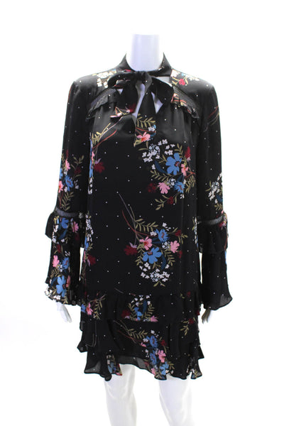 Parker Womens Black Silk Floral Ruffle Layered Long Sleeve A-line Dress Size XS