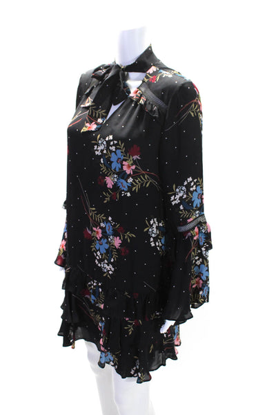 Parker Womens Black Silk Floral Ruffle Layered Long Sleeve A-line Dress Size XS