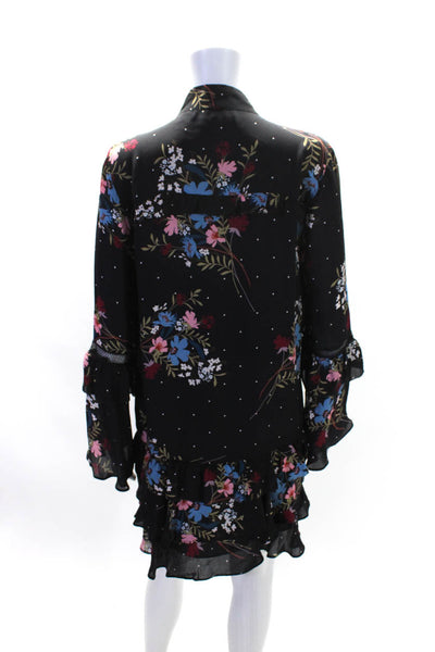 Parker Womens Black Silk Floral Ruffle Layered Long Sleeve A-line Dress Size XS