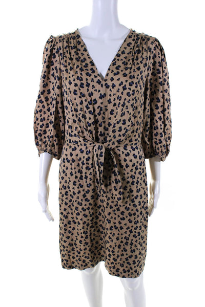 Rebecca Taylor Womens Silk Leopard Print 3/4 Sleeve A-Line Dress Brown Size 8