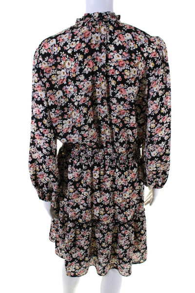 Drew Womens Chiffon Floral Print Long Sleeve Ruffled Blouson Dress Black Size M