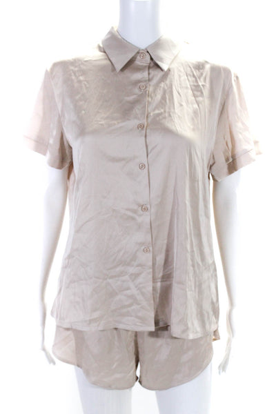 Ekouaer Womens Beige Short Sleeve Button Down Sleep Shirt Pajama Set Size M