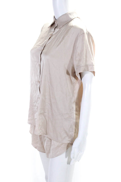 Ekouaer Womens Beige Short Sleeve Button Down Sleep Shirt Pajama Set Size M