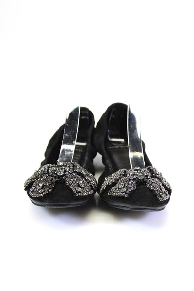 Tory Burch Womens Jeweled Textured Bow Tied Ruched Slip-On Flats Black Size 7.5