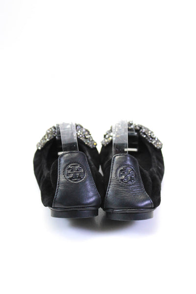 Tory Burch Womens Jeweled Textured Bow Tied Ruched Slip-On Flats Black Size 7.5