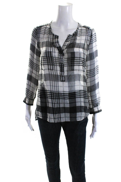 Joie Womens Silk Plaid Print Long Sleeve V-Neck Tunic Blouse White Black Size XS