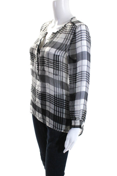 Joie Womens Silk Plaid Print Long Sleeve V-Neck Tunic Blouse White Black Size XS