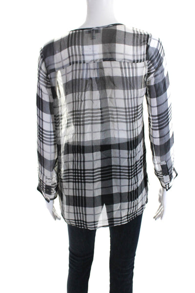 Joie Womens Silk Plaid Print Long Sleeve V-Neck Tunic Blouse White Black Size XS