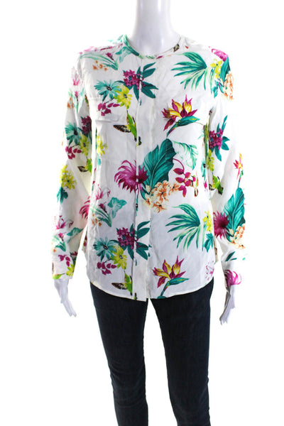 Equipment Femme Womens Silk Floral Print Long Sleeve Button Up Top White Size XS