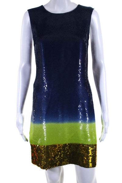 Prada Womens Silk Sequined Sleeveless Shift Dress Blue Gold Size EUR 40