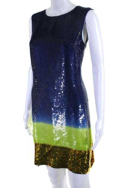 Prada Womens Silk Sequined Sleeveless Shift Dress Blue Gold Size EUR 40