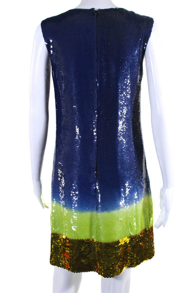 Prada Womens Silk Sequined Sleeveless Shift Dress Blue Gold Size EUR 40