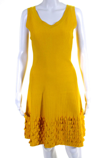 Alaia Womens Ribbed Knit Petal Hem V Neck Fit & Flare Dress Yellow Size FR 40