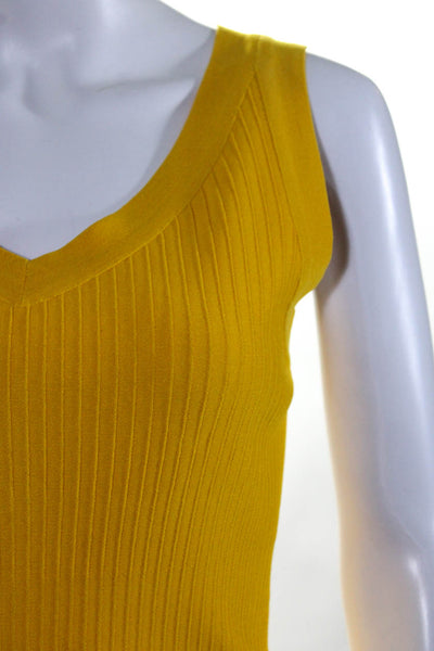 Alaia Womens Ribbed Knit Petal Hem V Neck Fit & Flare Dress Yellow Size FR 40