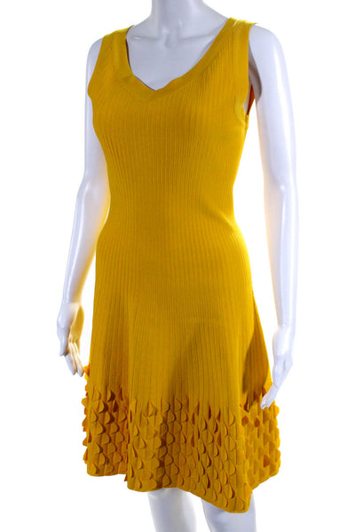 Alaia Womens Ribbed Knit Petal Hem V Neck Fit & Flare Dress Yellow Size FR 40