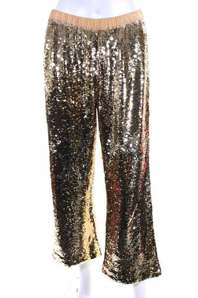 Figue Womens Elastic Waist Mid Rise Straight Leg Sequin Pants Gold Size Small