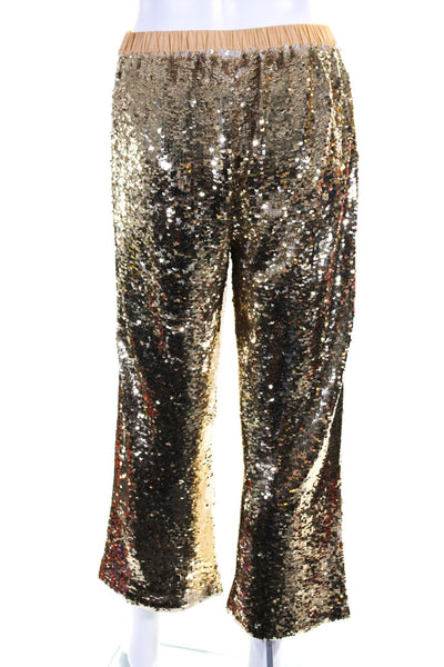 Figue Womens Elastic Waist Mid Rise Straight Leg Sequin Pants Gold Size Small