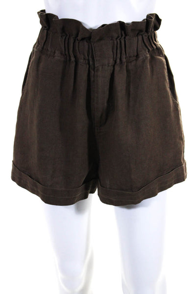 Posse Womens Paper Bag Elastic Waist Woven Ruffle Shorts Brown Linen Size Small