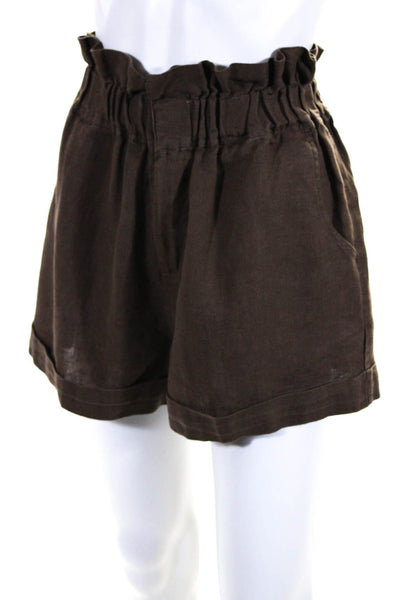 Posse Womens Paper Bag Elastic Waist Woven Ruffle Shorts Brown Linen Size Small