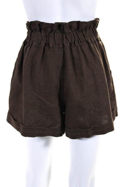 Posse Womens Paper Bag Elastic Waist Woven Ruffle Shorts Brown Linen Size Small